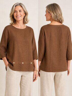 Hot Cotton By Marc Ware Women Boxy Top Linen W/Button Detail Brown Xlarge